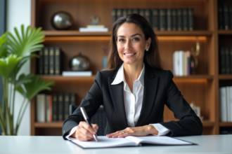 Femme d'affaires signant des documents dans un bureau moderne
