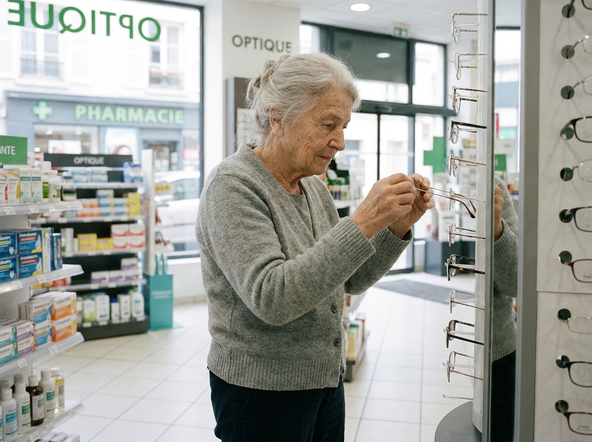 Une femme âgée choisit une nouvelle paire de lunettes dans le rayon optique d'une pharmacie française