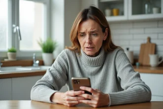 Femme regardant son téléphone avec méfiance face à un appel d'un numéro 0270 inconnu