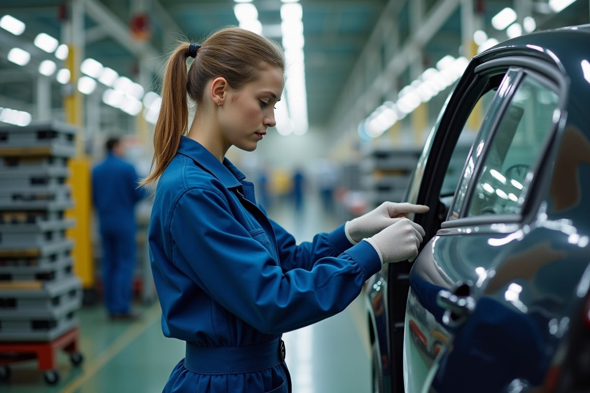 Jeune femme en combinaison inspectant une porte de voiture