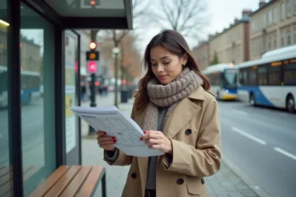 Femme en trench regardant l'horaire au bus