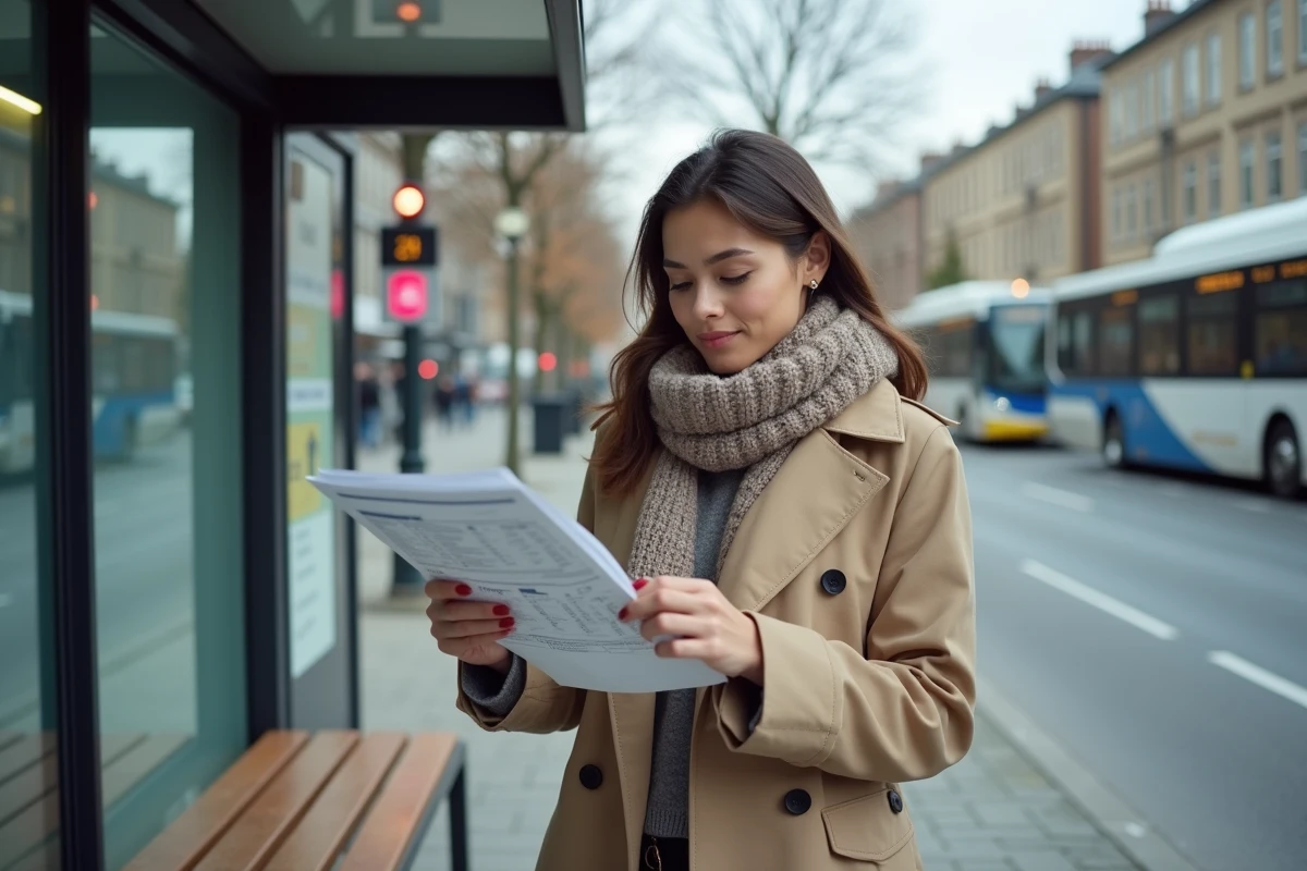 Femme en trench regardant l'horaire au bus
