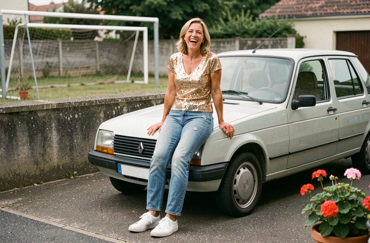 Femme en top à sequins et jean délavé appuyée sur une vieille Renault 4, mélange décalé de glamour et de quotidien banlieusard