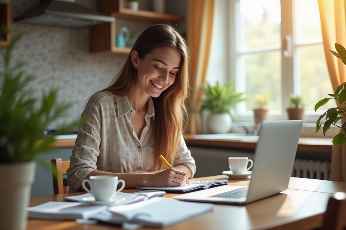 Jeune femme souriante vérifiant son budget à la cuisine