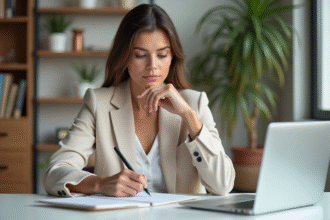 Femme en bureau maison en train de prendre des notes