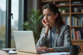 Femme au bureau à domicile concentrée sur son ordinateur