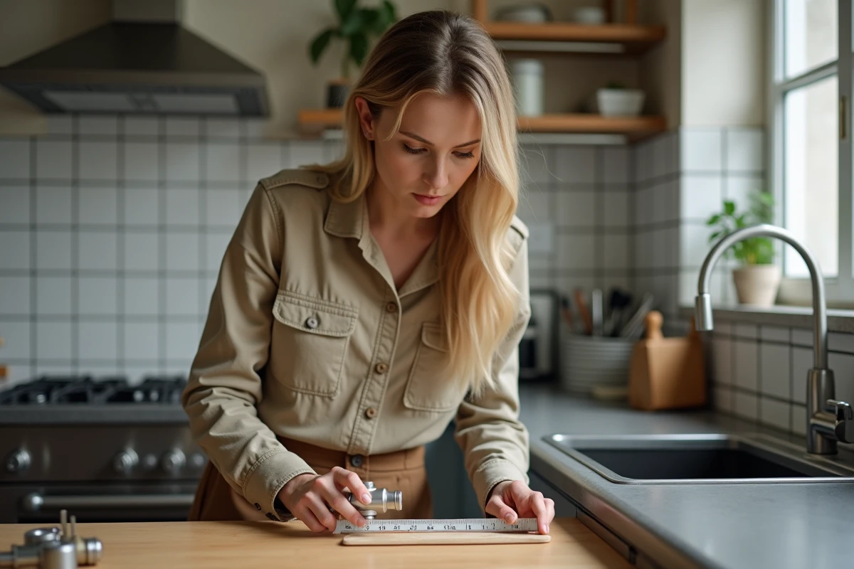 Jeune femme vérifiant un raccord de tuyau dans la cuisine