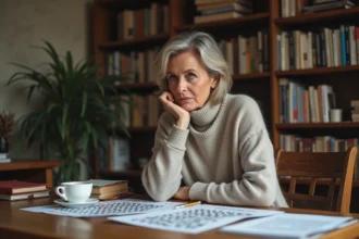 Femme concentrée en train de faire un puzzle de mots