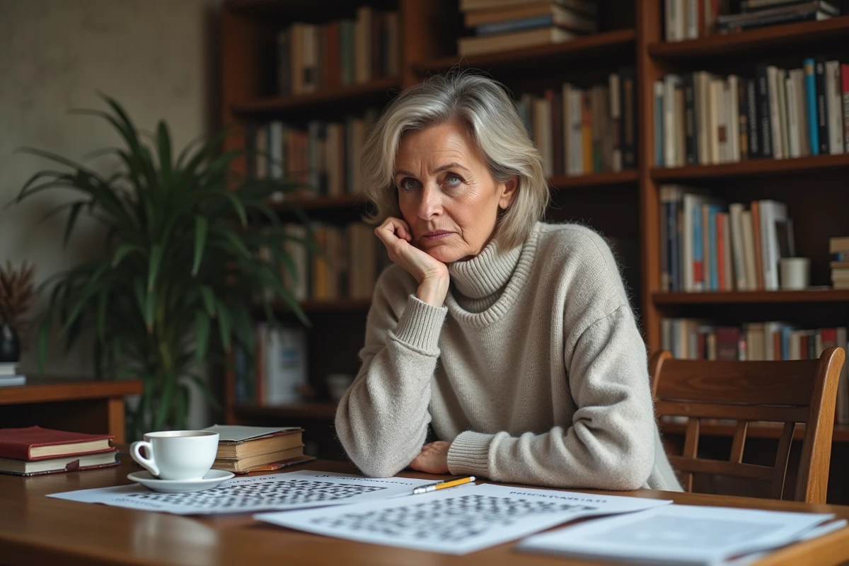 Femme concentrée en train de faire un puzzle de mots
