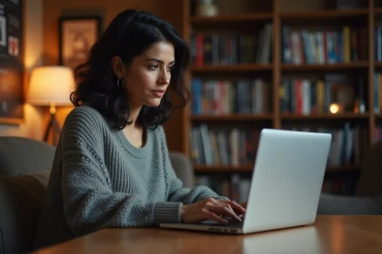 Femme consultant la nouvelle adresse du site 1jour1film sur son ordinateur portable dans un appartement cosy