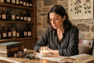 Femme contemplative entourée de livres anciens et d'herbes séchées, illustrant la réflexion sur les sorts et la magie en 2026