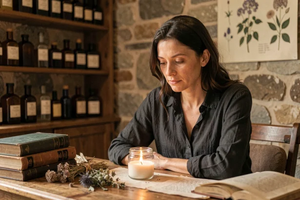 Femme contemplative entourée de livres anciens et d'herbes séchées, illustrant la réflexion sur les sorts et la magie en 2026
