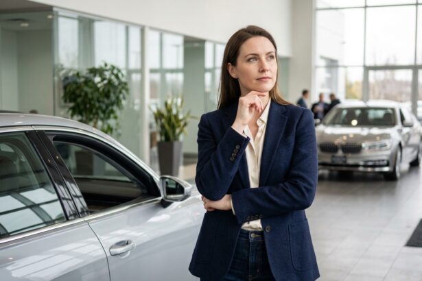 Femme en blazer dans un showroom automobile moderne