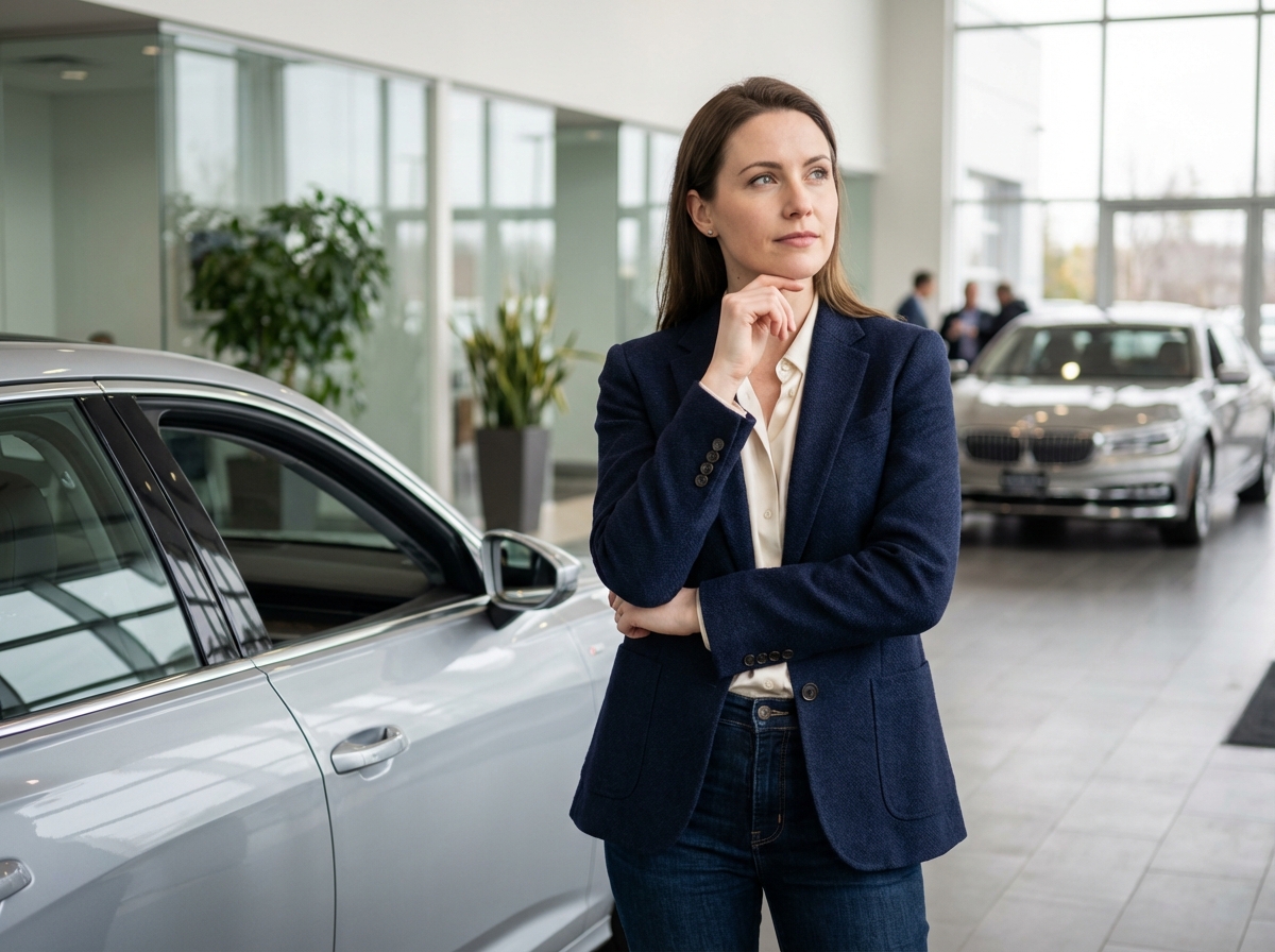 Femme en blazer dans un showroom automobile moderne