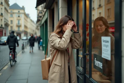 Femme frustrée devant un relais Colissimo fermé, regardant à travers la vitrine verrouillée avec un colis sous le bras