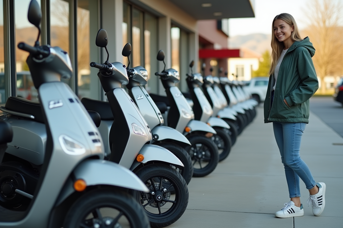 Femme examine scooters devant concessionnaire