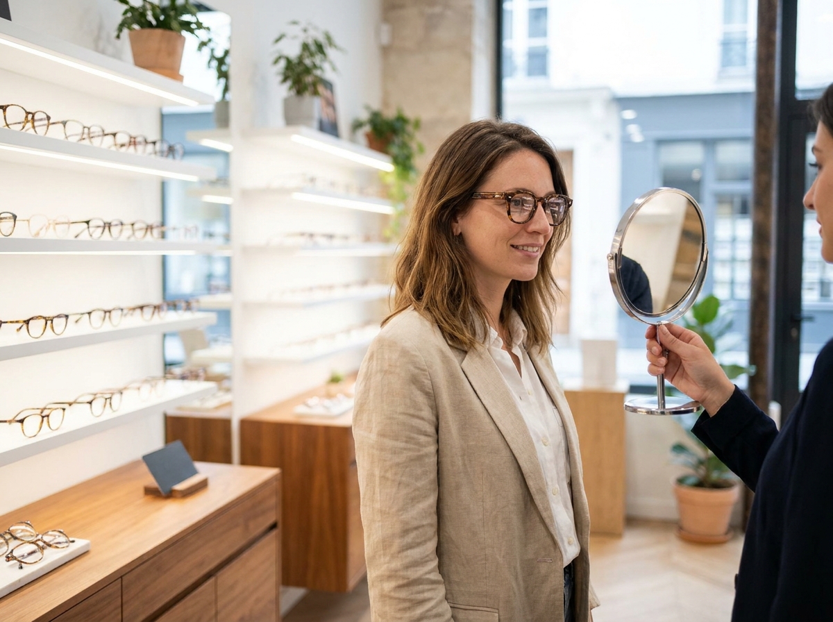 Une femme essaie une nouvelle monture de lunettes dans une opticienne moderne à Paris