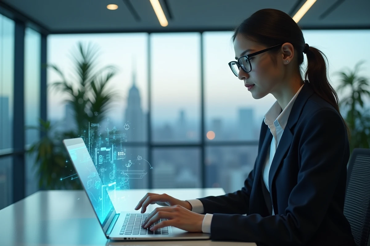 Jeune femme confiante en costume moderne dans un bureau futuriste