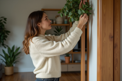 Femme accrochant du gui dans un salon moderne chaleureux