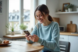 Jeune femme regarde l'heure sur son smartphone à Paris