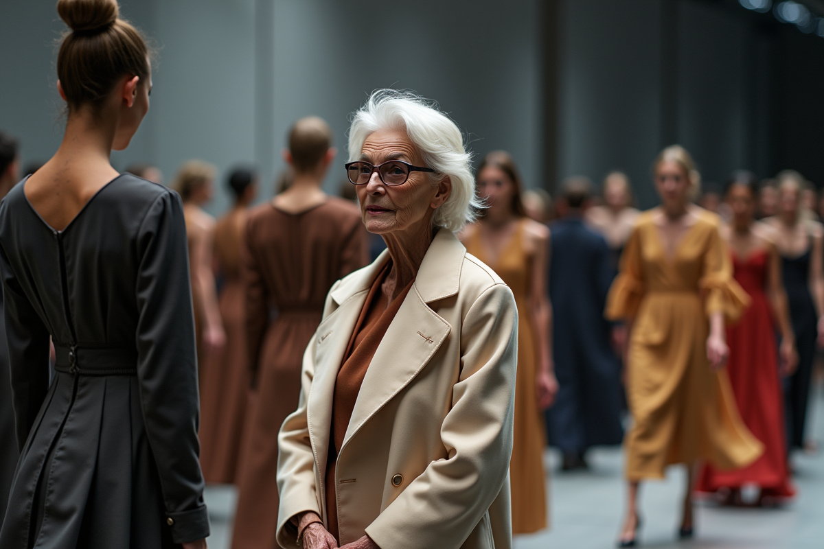 Icône de la mode femme examinant des vêtements lors d