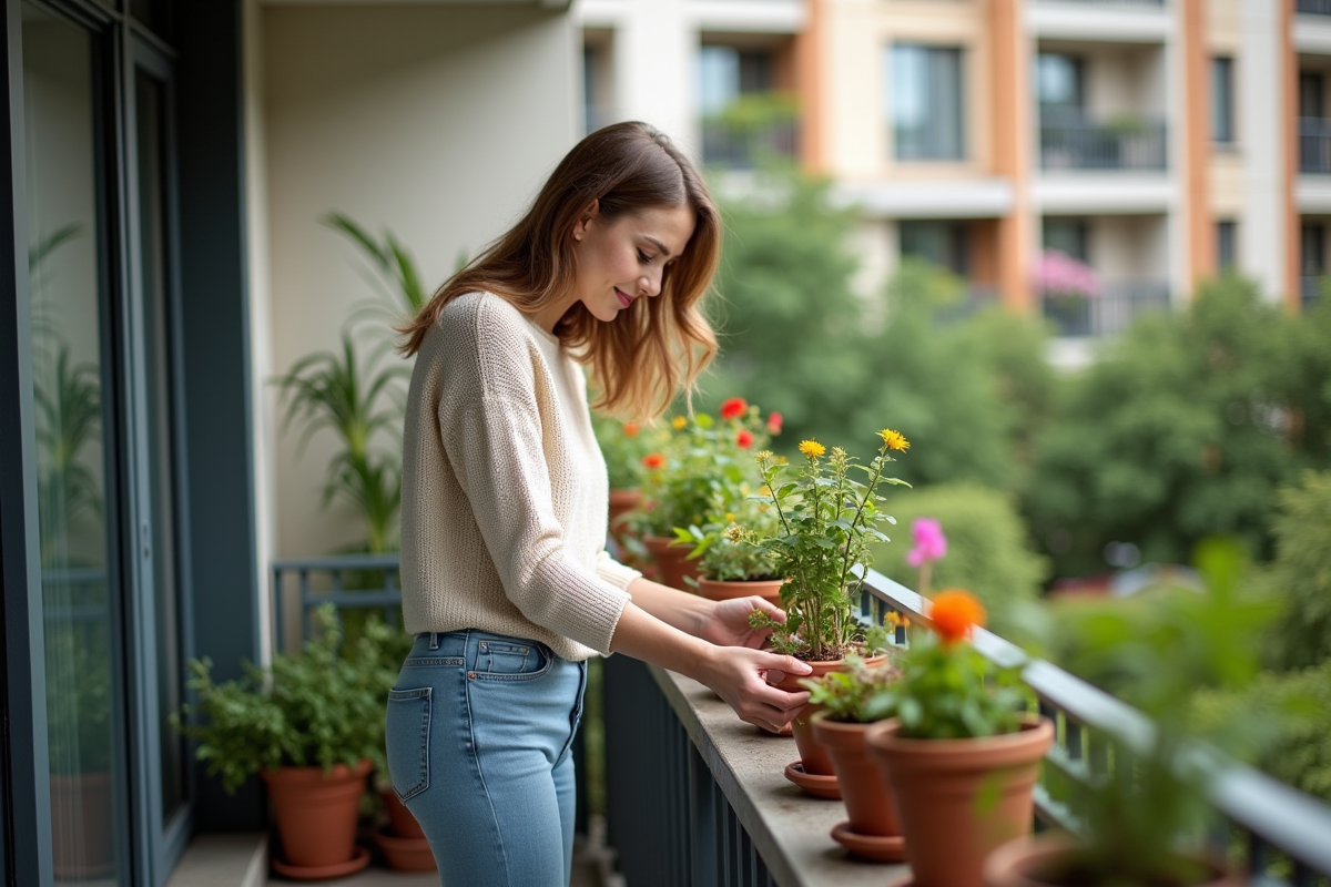 Jeune femme arrangeant des plantes sur un balcon ensoleille