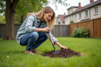 Femme en jardinage dans un jardin spacieux et verdoyant