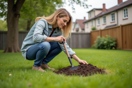 Femme en jardinage dans un jardin spacieux et verdoyant