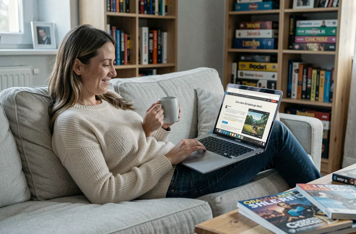 Femme adulte lisant un tutoriel de jeu de stratégie en français sur son ordinateur portable dans un salon confortable