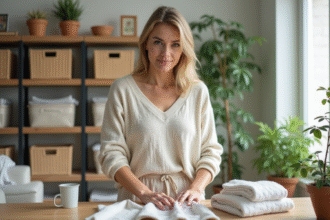 Femme plie du linge dans un salon lumineux et organisé