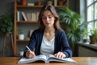 Femme lisant un magazine culturel dans un bureau cosy