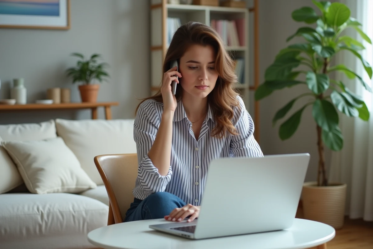 Jeune femme parlant au téléphone dans son appartement cosy