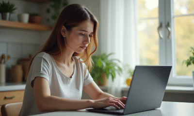 Jeune femme utilisant un ordinateur dans une cuisine lumineuse