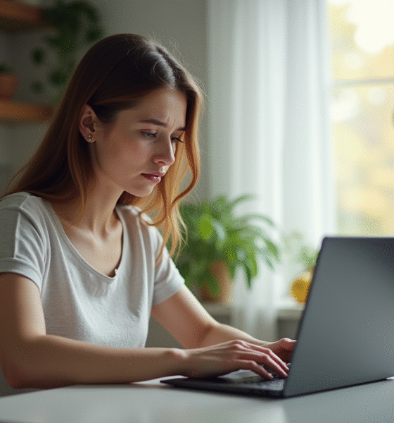 Jeune femme utilisant un ordinateur dans une cuisine lumineuse