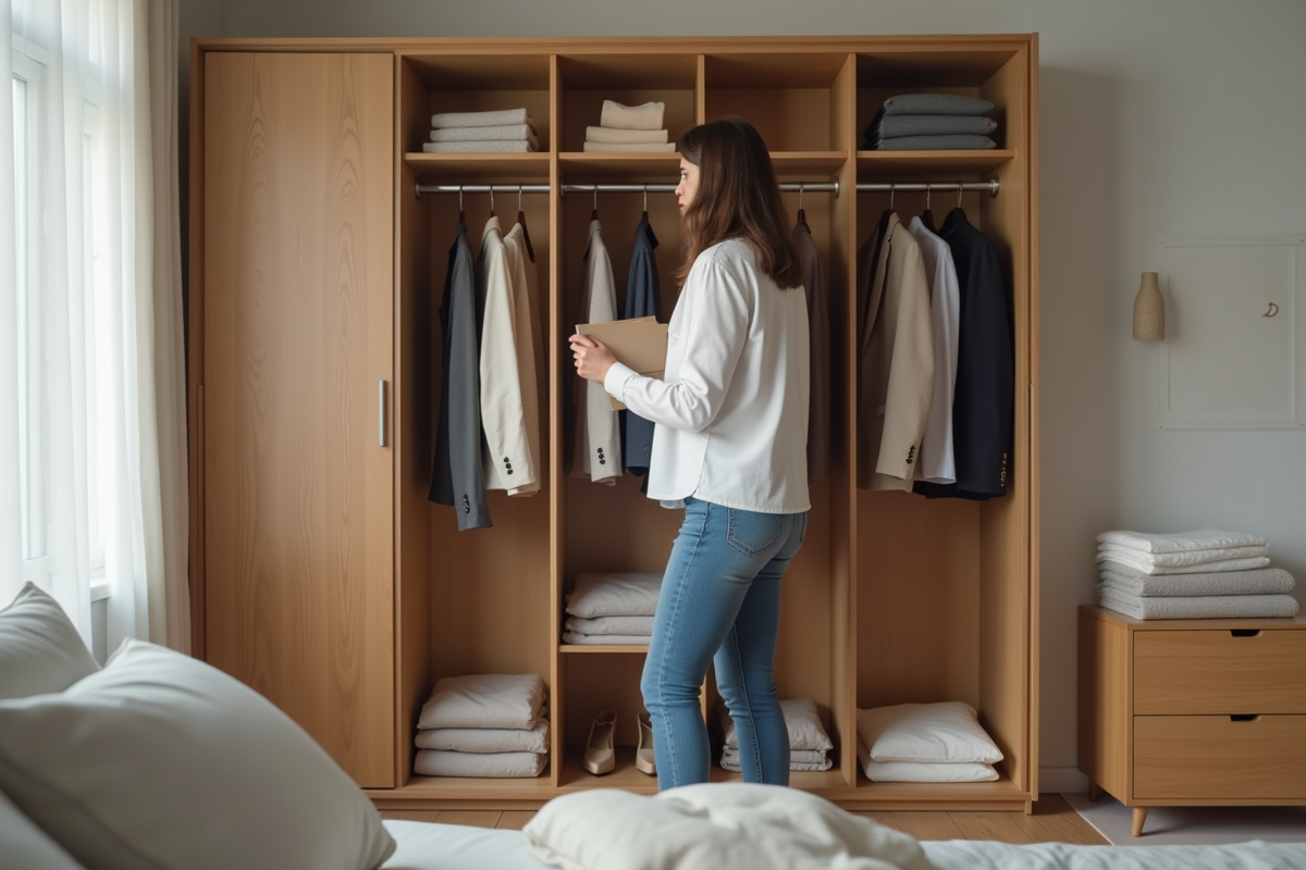 Femme choisissant un vêtement dans un dressing organisé