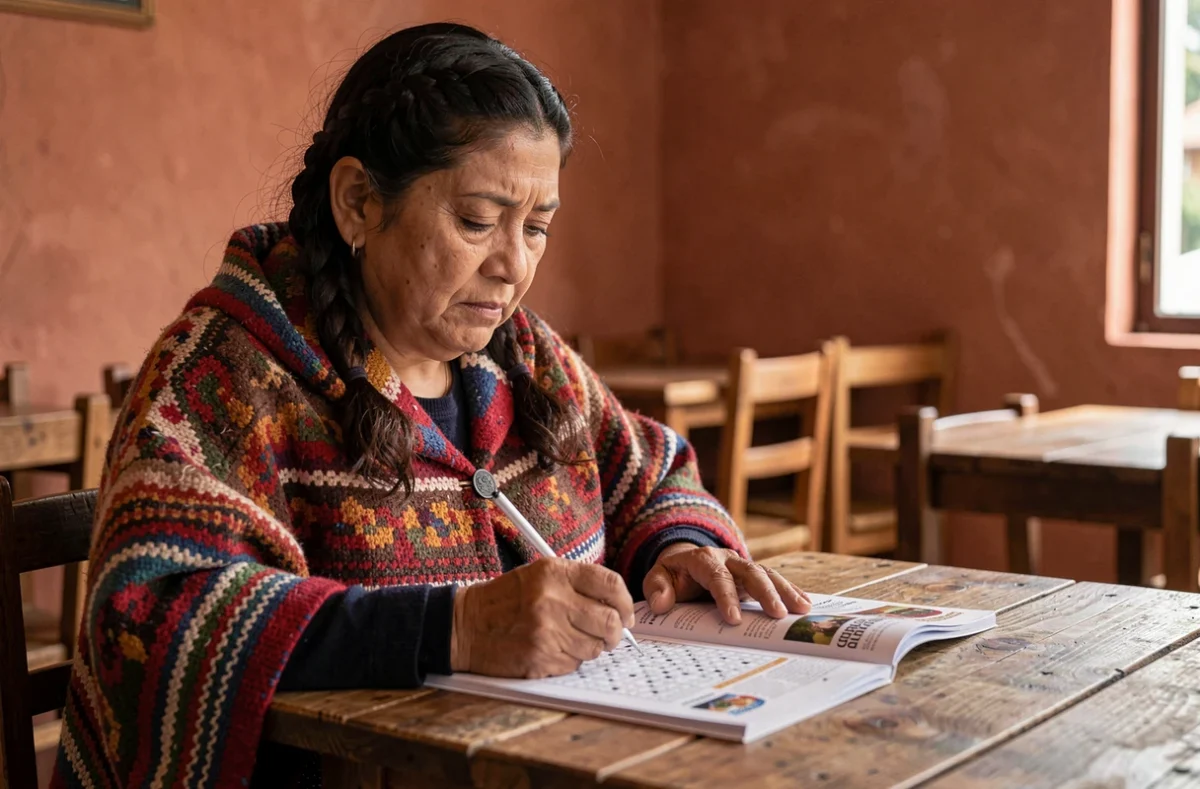 Femme péruvienne en tenue traditionnelle résolvant une grille de mots fléchés dans un café de Lima avec un stylo bille