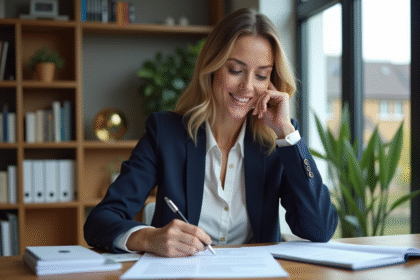 Femme professionnelle en bureau home office pour un article sur le prêt immobilier