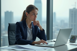 Femme en blazer navy dans un bureau moderne avec symboles quantiques