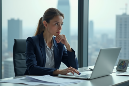 Femme en blazer navy dans un bureau moderne avec symboles quantiques