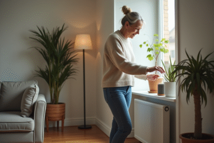 Femme d'âge moyen près d'un radiateur moderne dans un salon cosy