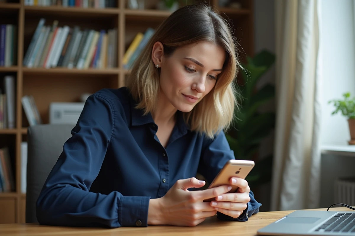 Femme consultant un annuaire inversé sur son smartphone depuis un bureau à domicile