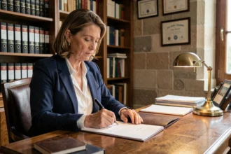 Femme professionnelle rédigeant une lettre formelle à un préfet dans un bureau administratif classique