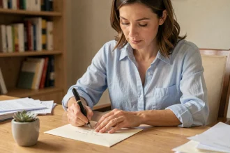 Femme rédigeant une adresse postale à la main sur une enveloppe crème avec un stylo plume, assise à un bureau en bois dans un bureau à domicile