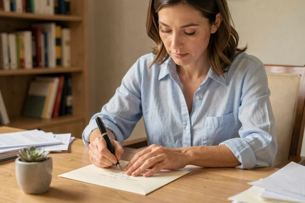 Femme rédigeant une adresse postale à la main sur une enveloppe crème avec un stylo plume, assise à un bureau en bois dans un bureau à domicile