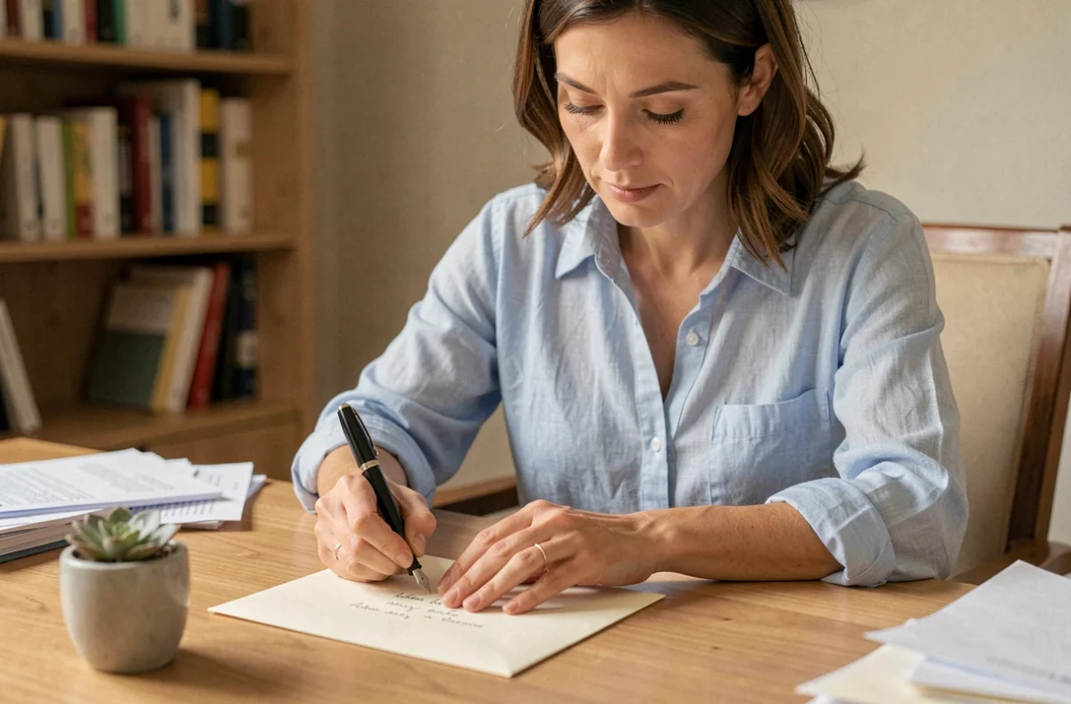 Femme rédigeant une adresse postale à la main sur une enveloppe crème avec un stylo plume, assise à un bureau en bois dans un bureau à domicile