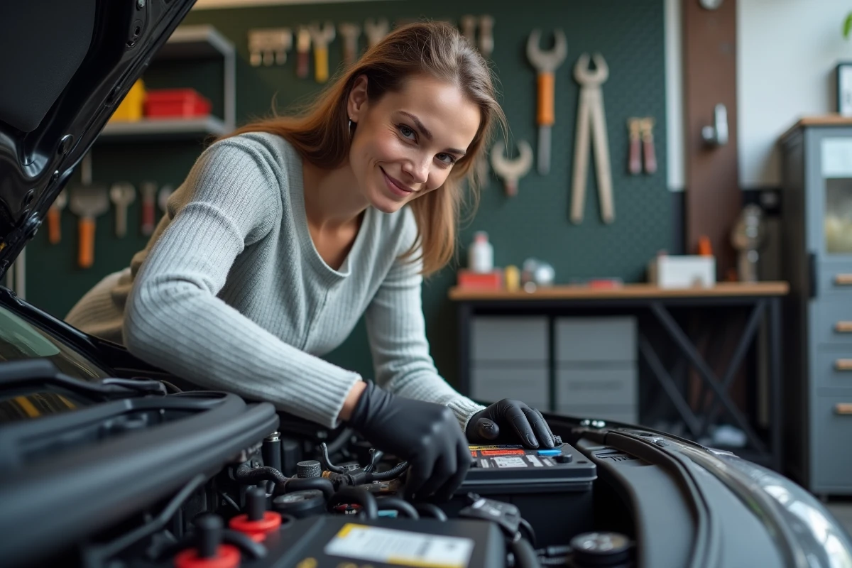 Jeune femme vérifiant la batterie dans un garage urbain