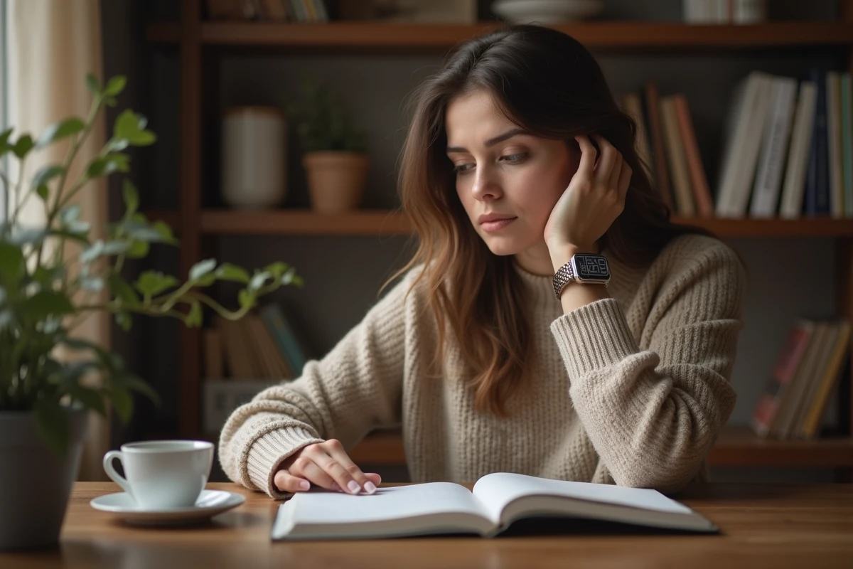 Jeune femme pensive regardant sa montre digitale dans la cuisine
