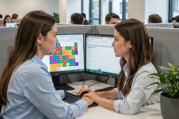 Femme jouant discrètement au Scrabble en ligne sur son navigateur au bureau tout en gardant un tableur ouvert