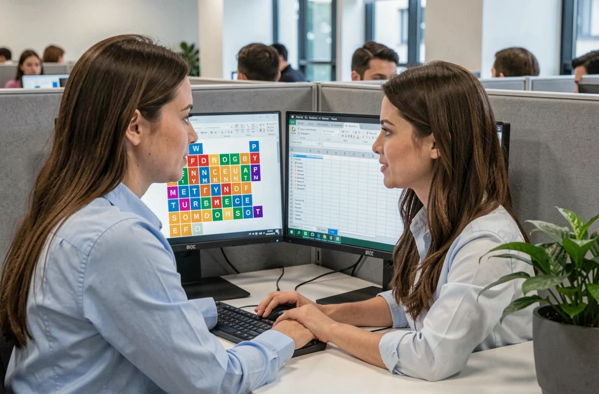 Femme jouant discrètement au Scrabble en ligne sur son navigateur au bureau tout en gardant un tableur ouvert