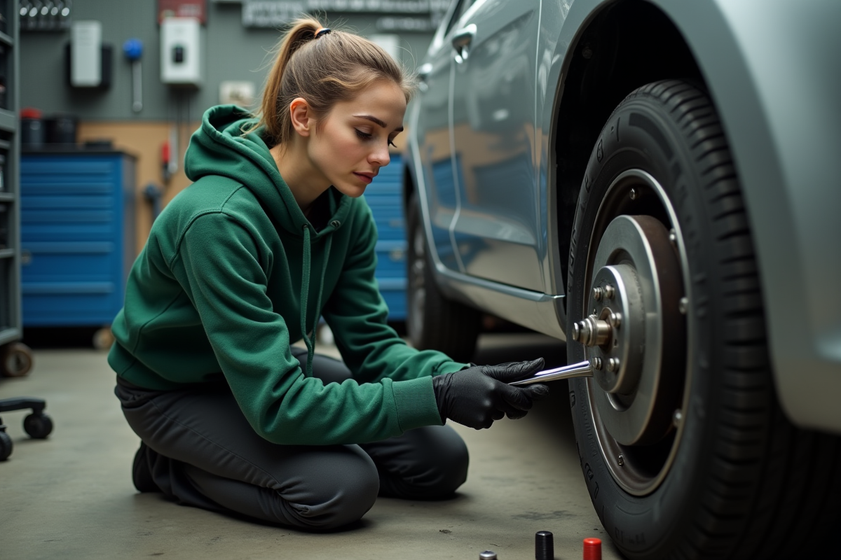 Jeune femme ajuste des écrous de roue dans un garage organisé